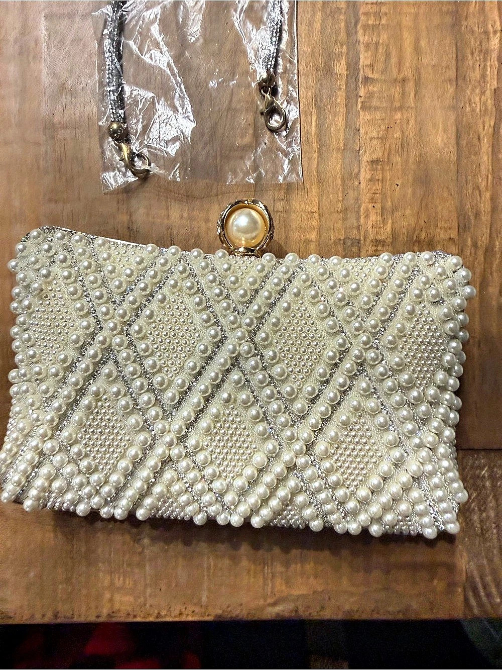Ivory Faux Pearl Rhinestone Bridal Evening Clutch Bag
